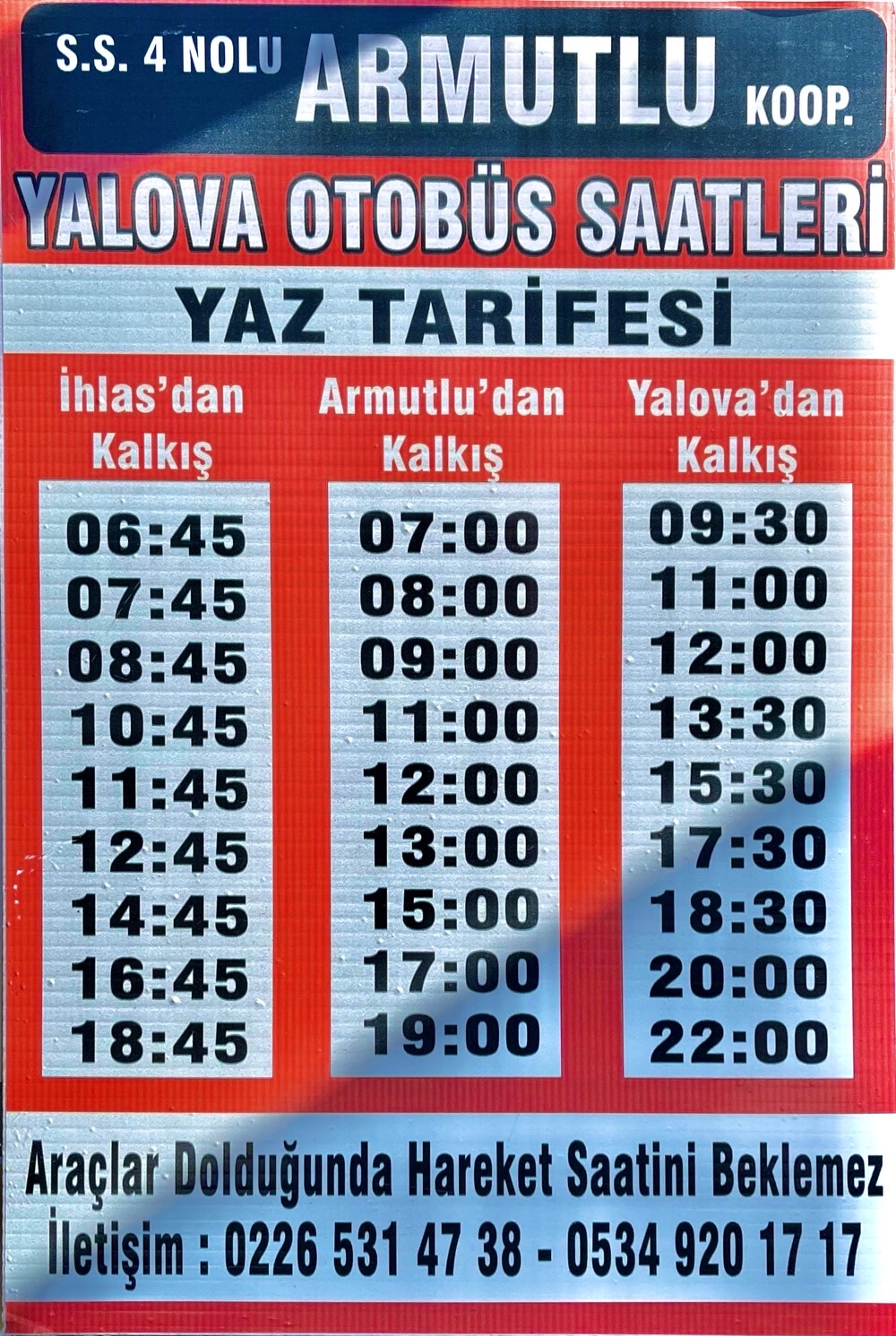 Armutlu - Yalova / Yalova - Armutlu Minibüs Saatleri 2024 Yaz Tarifesi