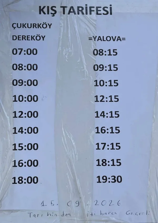 Çukurköy - Dereköy - Yalova 2026-2027 Kış Tarifesi