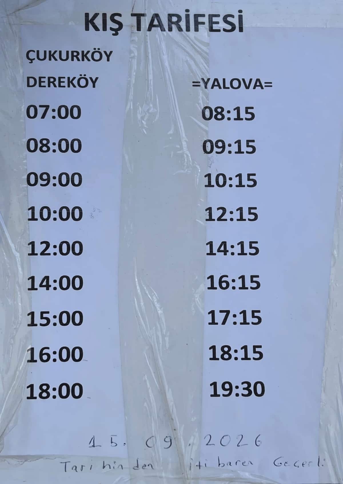 Çukurköy - Dereköy - Yalova 2026-2027 Kış Tarifesi