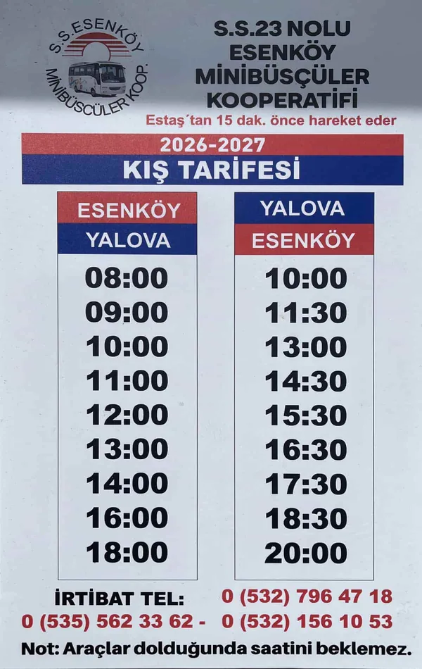Esenköy - Yalova 2026-2027 Kış Tarifesi