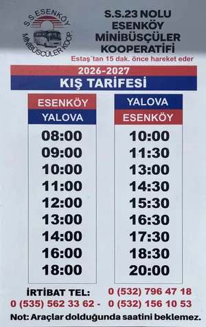 Esenköy - Yalova 2026-2027 Kış Tarifesi