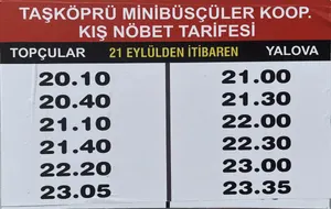 Topçular - Yalova 2026-2027 Kış Tarifesi