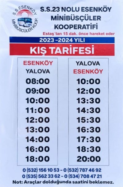 Esenköy Yalova – Yalova Esenköy 2023-2024 Minibüs Saatleri